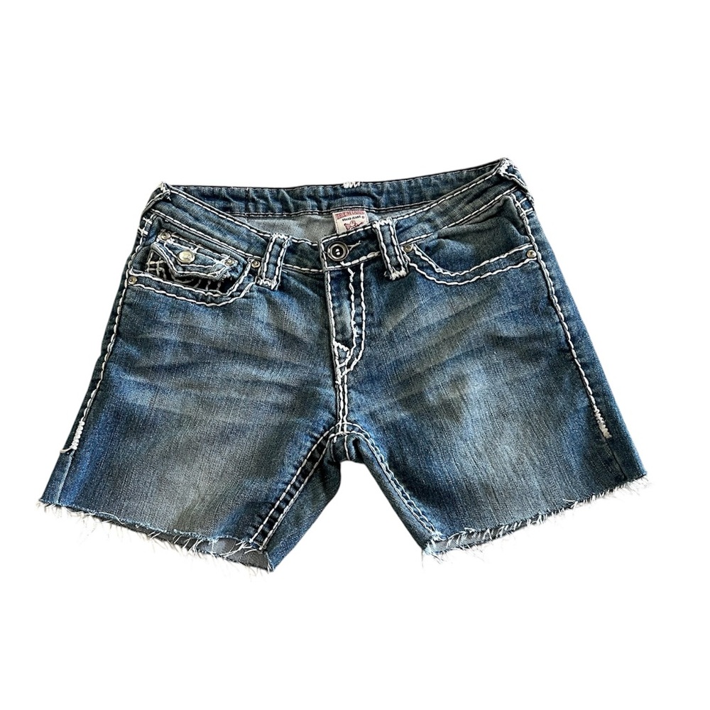 True Religion denim shorts cutoff hem signature thick stitching USA